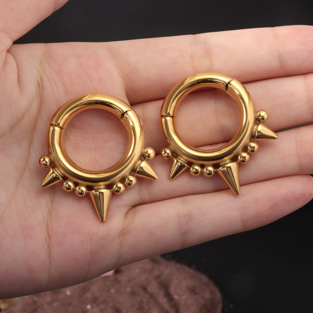 Golden Spikes Ear Weights Hanger with Magnetic Clasp/2G Heavy Ear Stretchered Hoop/ 6mm Ear Gauges/ Stretched Earrings/ Steel Ear Hanger
