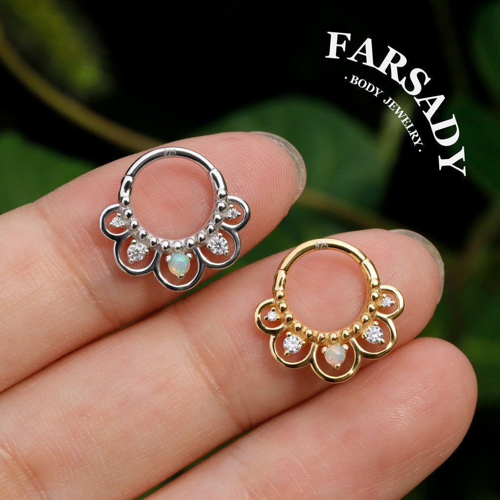 16G Nature Opal Flower Septum Ring,Real Opal Hinged Septum Clicker,925 Sterling Silver Plated 18k Gold,Gold Daith Earring Hoop,Helix Tragus Hoop