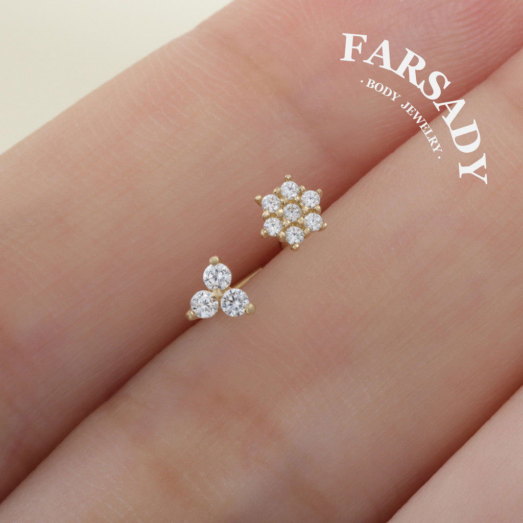 Snow Floret - Solid 14K Gold L-Shape Stud / Fit 20G Nostril Piercing