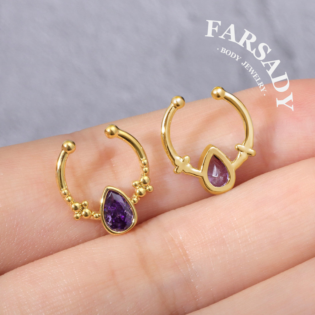 Amethyst Droplet Arc - 316L Fake Nose Ring C-Hoop Piercing / Fit Non-Pierced Septum Ring