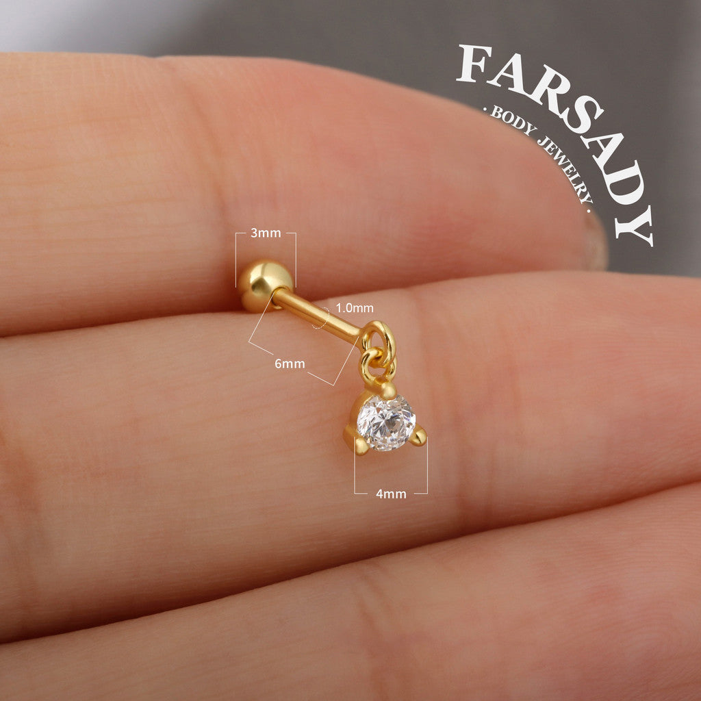 Chime Gem - 925 Silver Round CZ Dangle Stud / Fits Cartilage Helix Tragus Lobe Piercing
