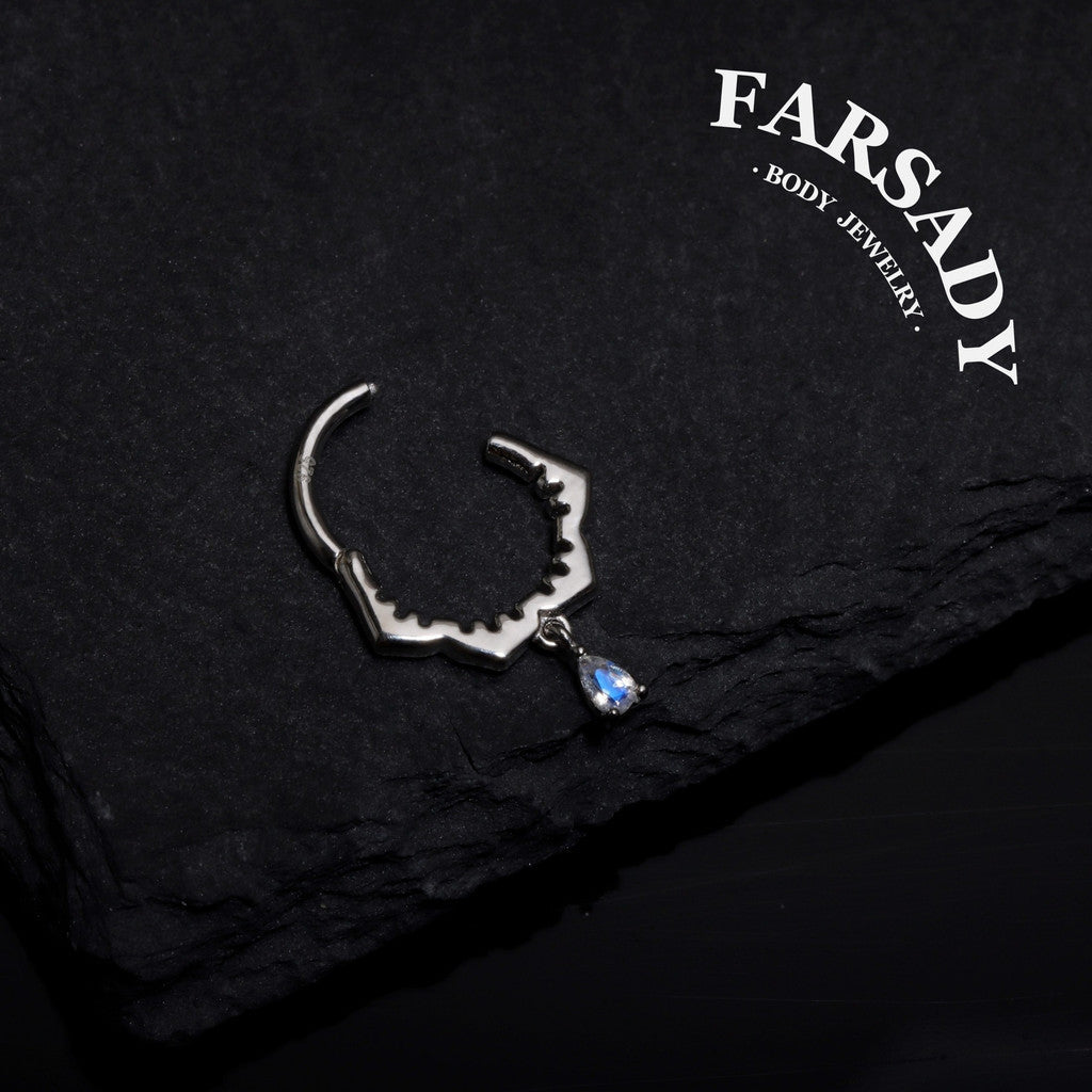 Sterling Silver Moonstone Dangle Flower Septum Ring/ 16G S925 Septum Piercing Jewelry/ 16G Daith Hoop Earring/8mm Helix Tragus Cartilage Hoop Earrings