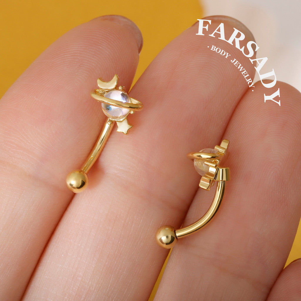 16G Planet Curved Barbell, Silver 8mm Eyebrow Piercings Barbell, Star Moon Rook Earring, 8mm Crystal ball Rook Barbell