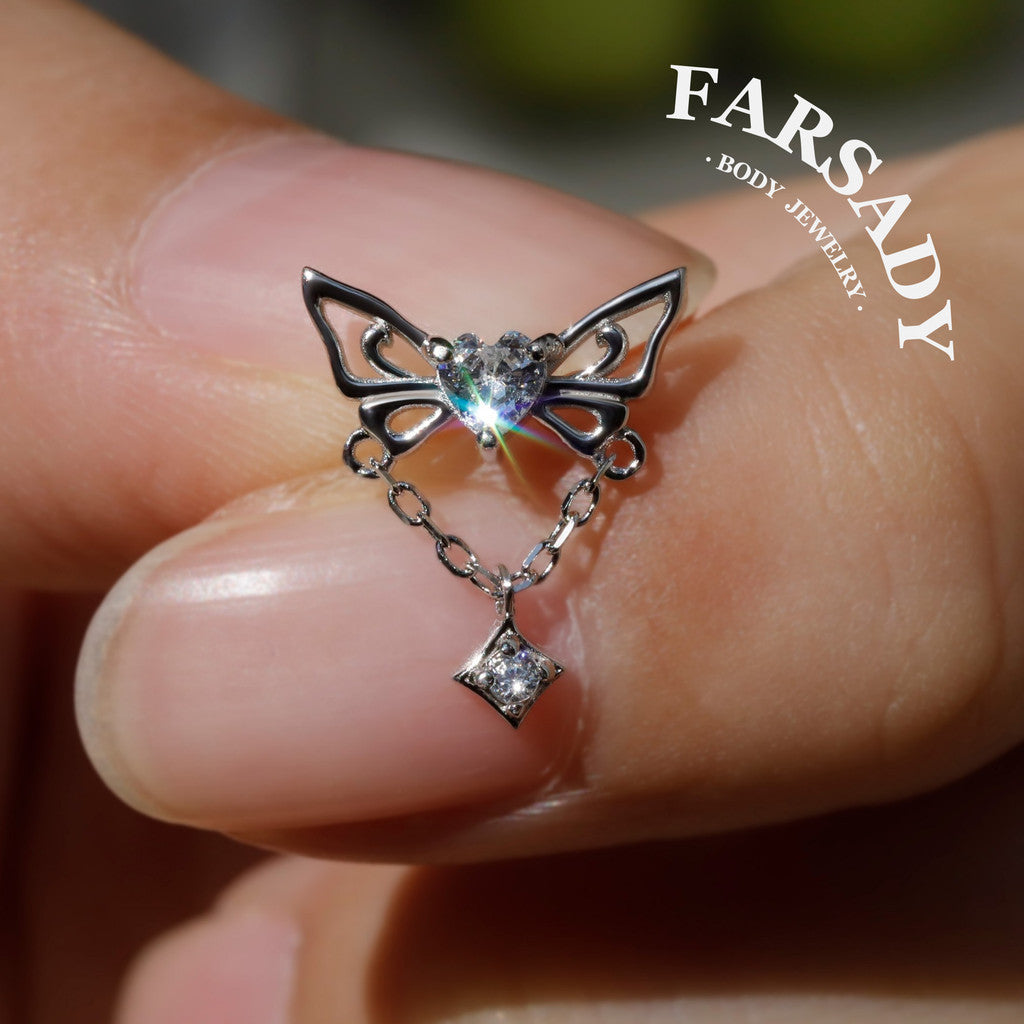 Butterfly Helix Stud Earring – Heart CZ Cartilage Chain Earring | Threadless Flat Back | Gold or Silver | Cartilage Dangle Piercing Jewelry