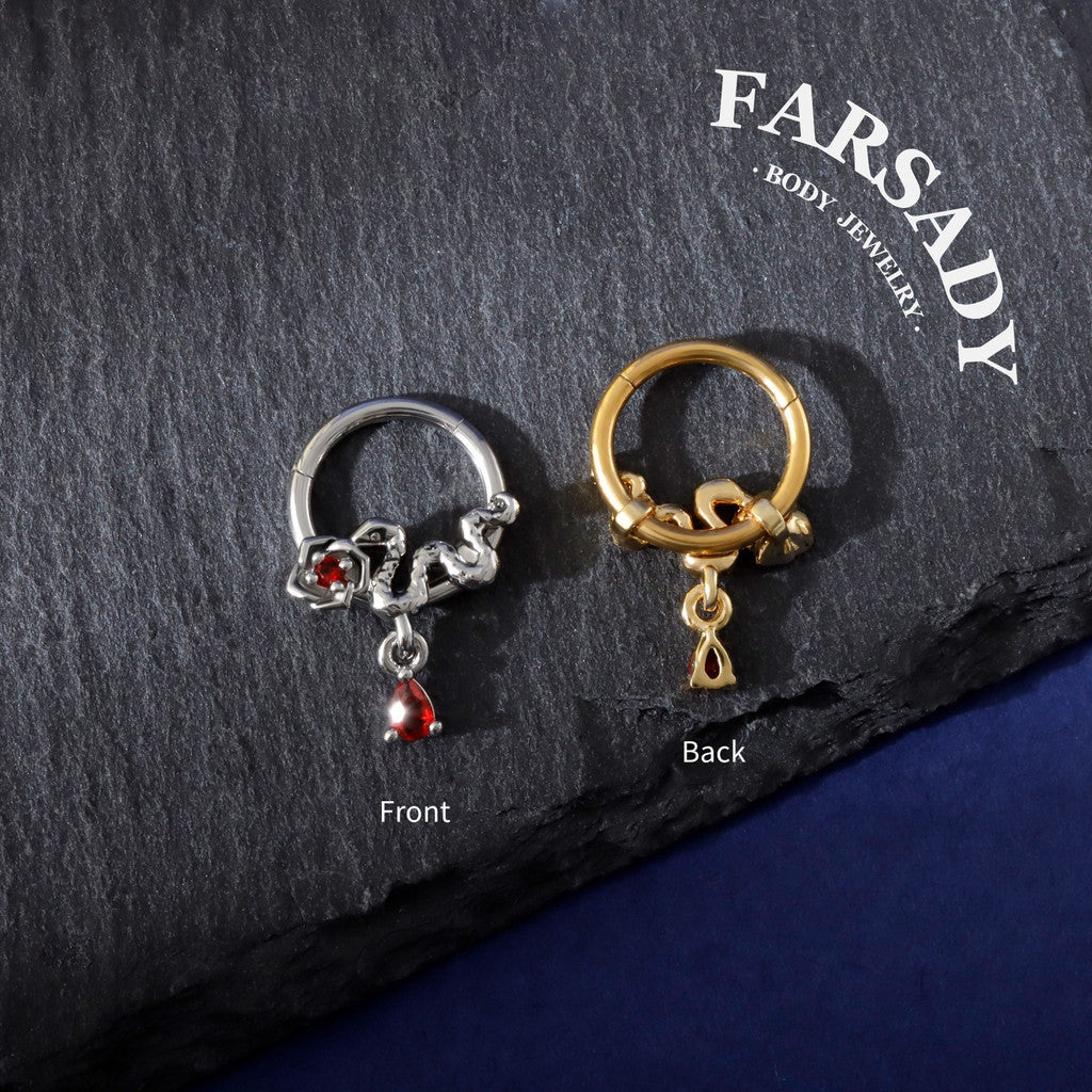 Snake Rose Septum Ring 16g, 316L Septum Jewelry, Gold Daith Jewelry,Dangle Septum Clicker Helix/Tragus/Rook Cartilage Hoop, Halloween Gift