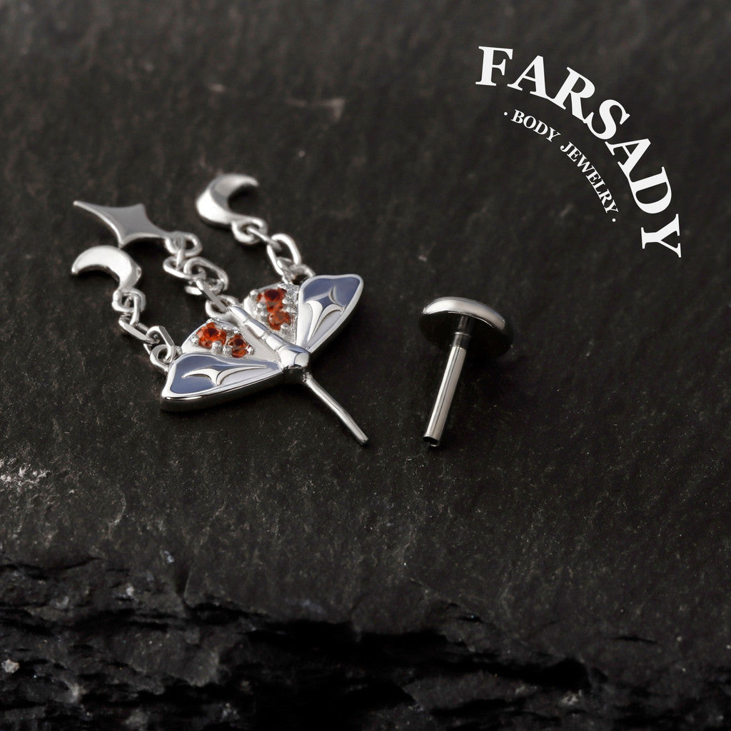 Crimson Moth - 925 Silver Threadless Stud / Fits Vertical Helix Hidden Rook Earring