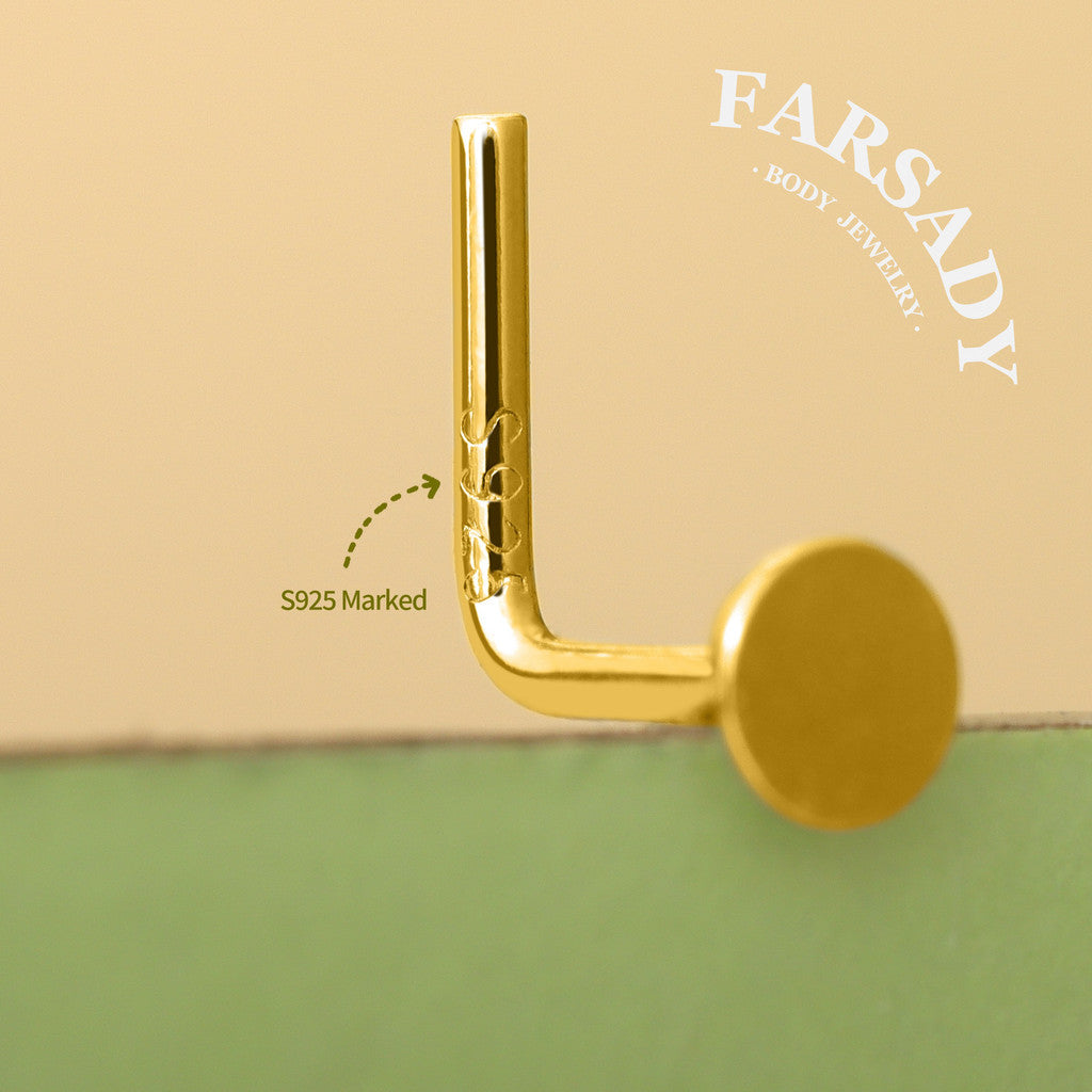 Plain Silver Disc - 925 Silver L-Shape Stud / Fit 20G Nose Ring