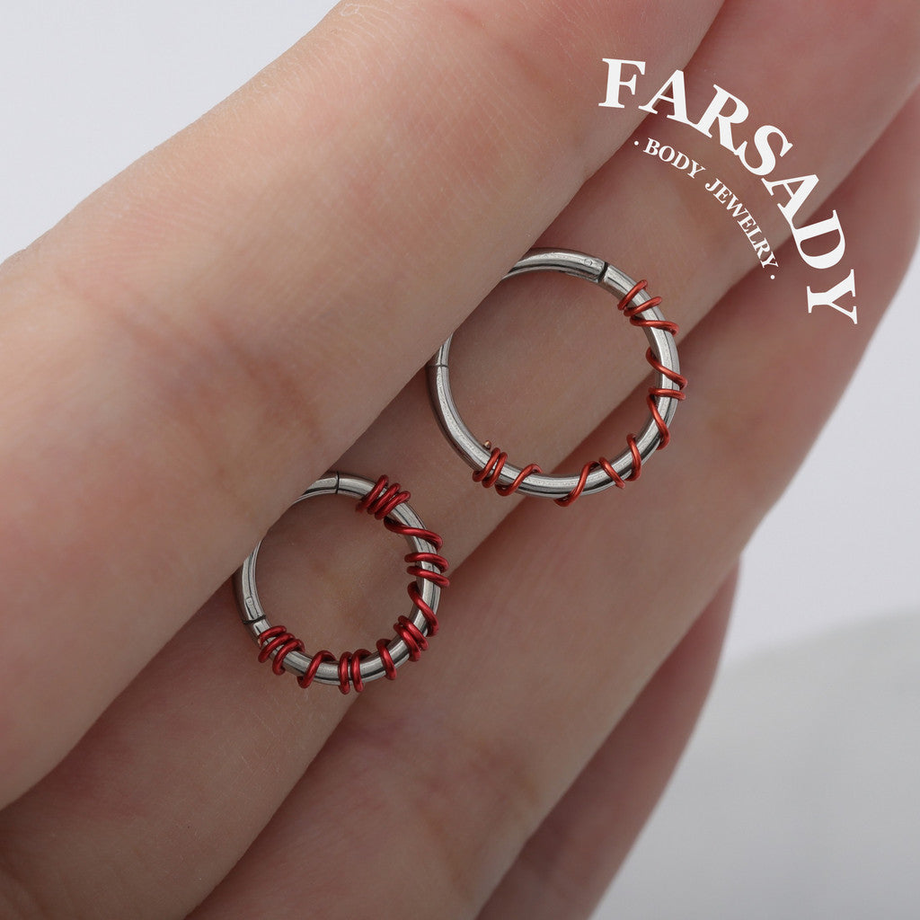 Scarlet Coil - Red Wire Spike Hinged Clicker Hoop / Fits 16G Septum Ring Helix Conch Cartilage Earring