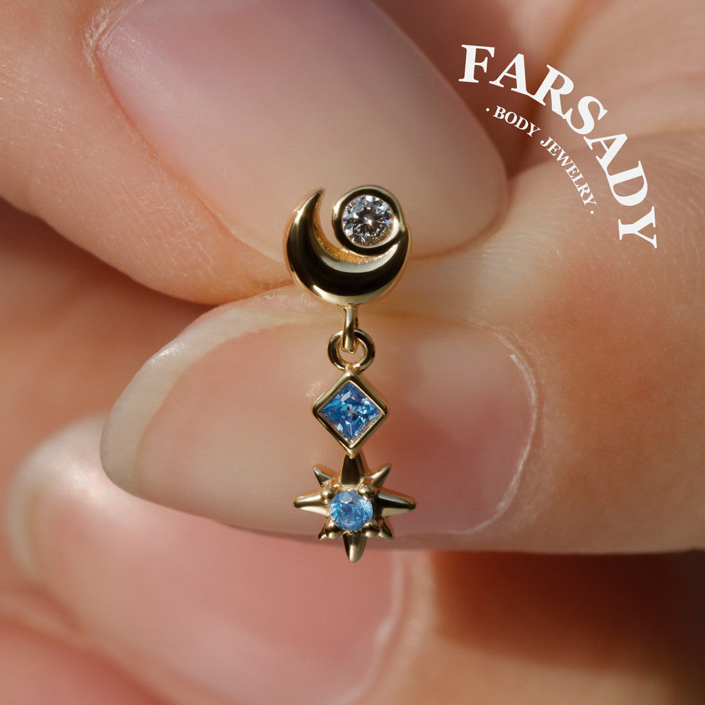 Luna Flare Dangle Threadless Push In Helix Stud, Sterling Silver Cartilage Stud, Flat Back Titanium Post, Design Satr Tragus/ Lobe Earring