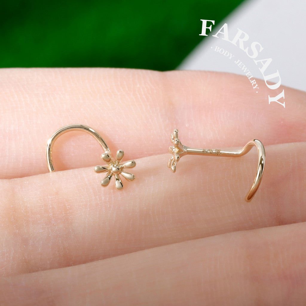 Daisy Duo - Solid 14K Gold Screw End Stud / Fit 20G Nostril Piercing