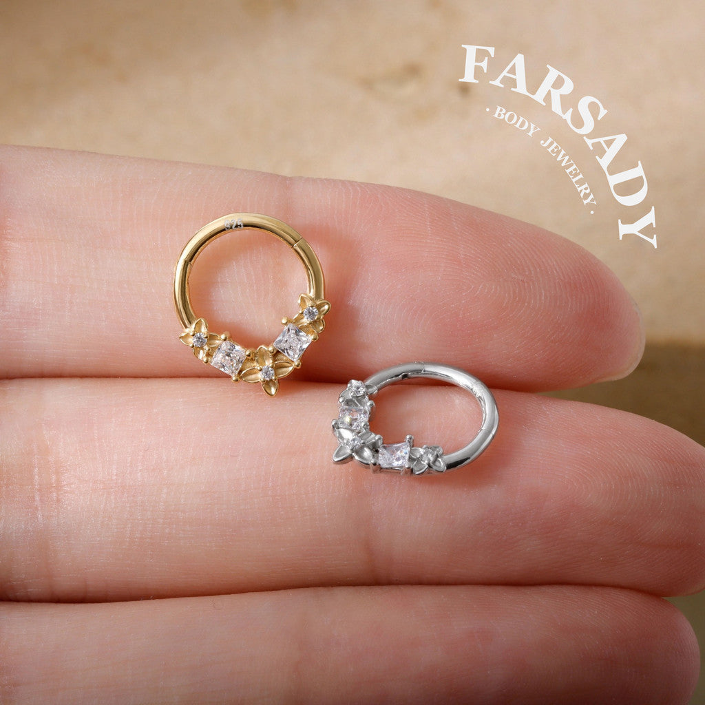Clover Crest - 925 Silver Hinged Clicker Hoop / Fits 16G Septum Ring Helix Conch Daith Earring