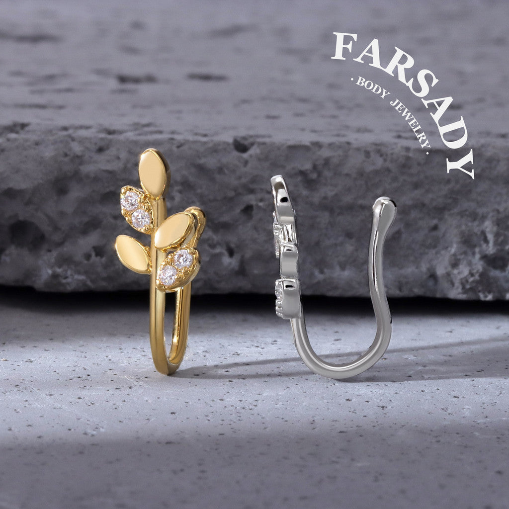 Silver Leaf Sprig - 925 Silver Fake Nose Ring / Fit Non-Pierced Nose Ring