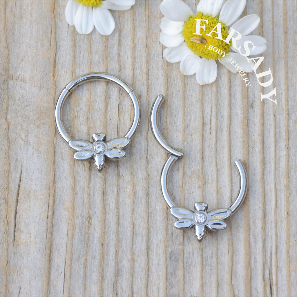 Dew Dragonfly - ASTM F136 Titanium Hinged Clicker Hoop / Fits 16G Septum Ring Helix Conch Cartilage Earring