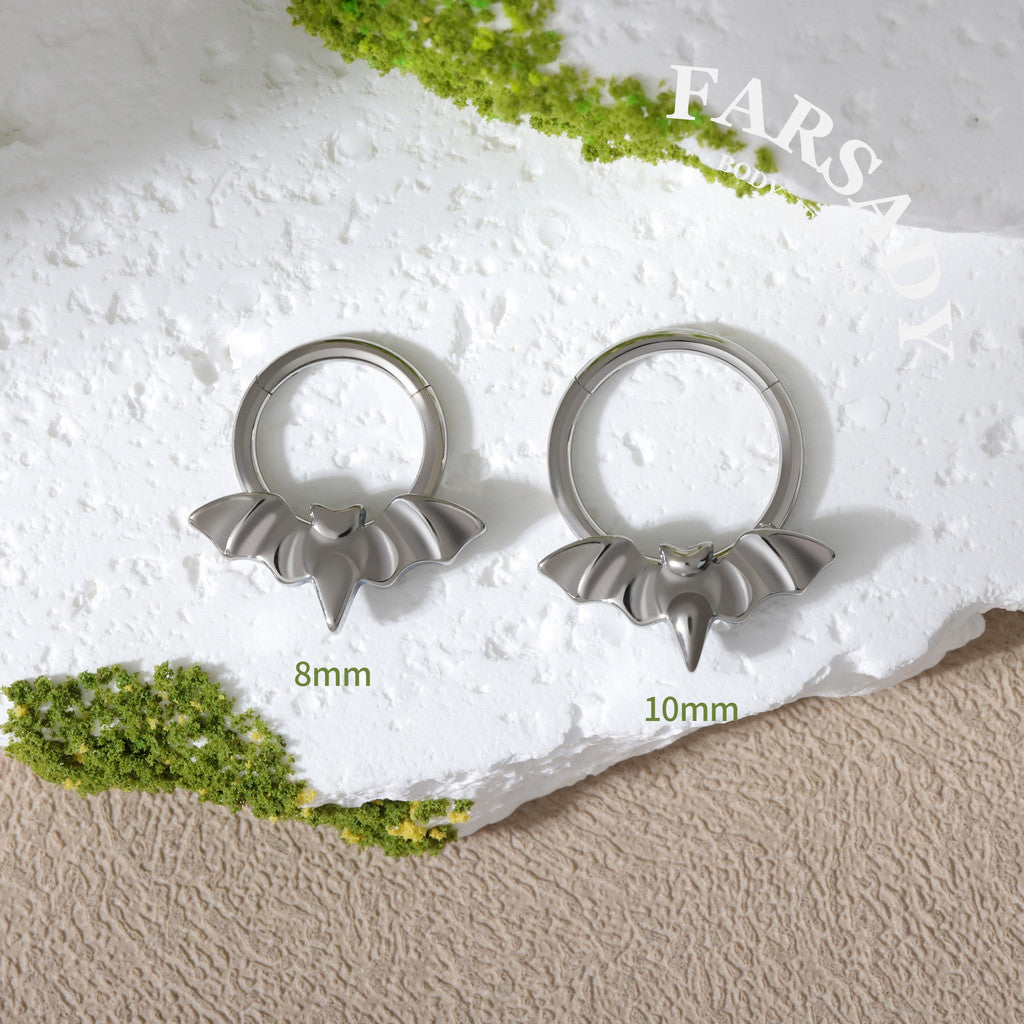 Bat Charm - F136 Titanium Hinged Clicker Hoop / Fits 16G Septum Ring Helix Conch Cartilage Earring