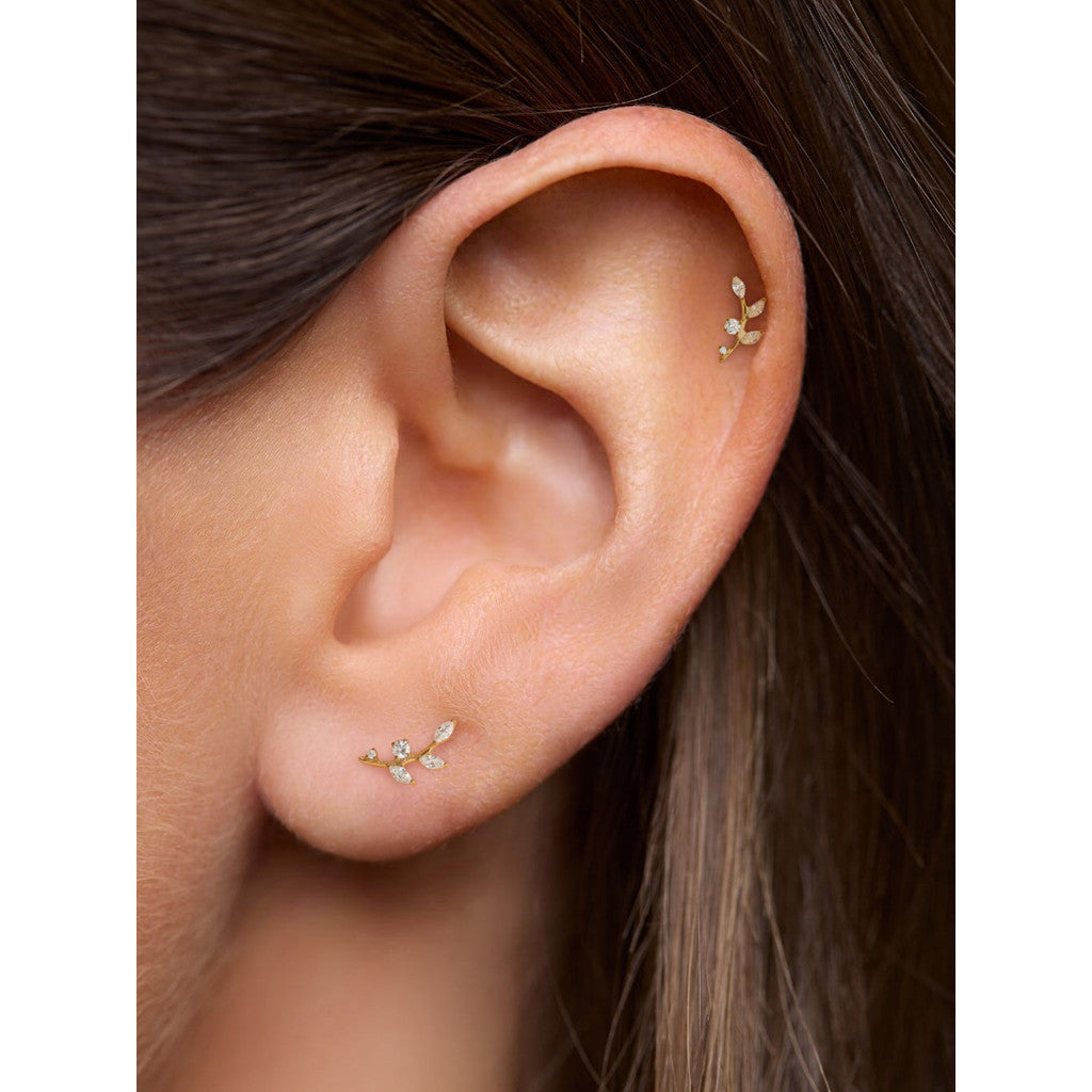 16G Titanium Flat Back Earrings for Women Conch/Helix/Foward Helix/Tragus/Hypoallergenic Piercing Jewelry Internal Thread Cartilage Stud Gold Silver CZ Branch Earrings