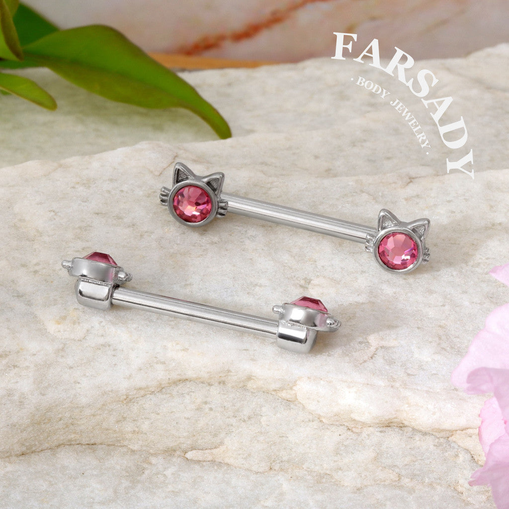 Pink Eyed Cat - 2PCS Pink CZ Straight Barbell / Fits 16G Chest Piercing Nose Bridge