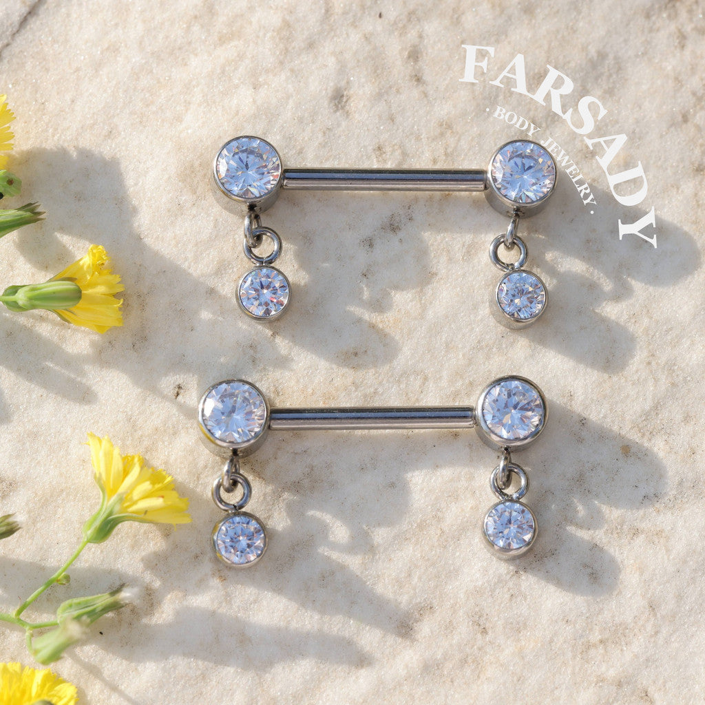 Tassel Crystal - 2PCS F136 Titanium Internally Threaded Straight Barbell / Fits 16G Chest Piercing Nose Bridge