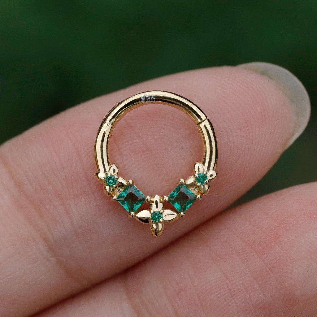 Sterling Silver Flower Green Zircon Daith Hoop Earrings Handmade Daith Piercing Jewelry Hinged Septum Ring Unique Helix Tragus Lobe Cartilage Earrings Daily Wear Gift for Her