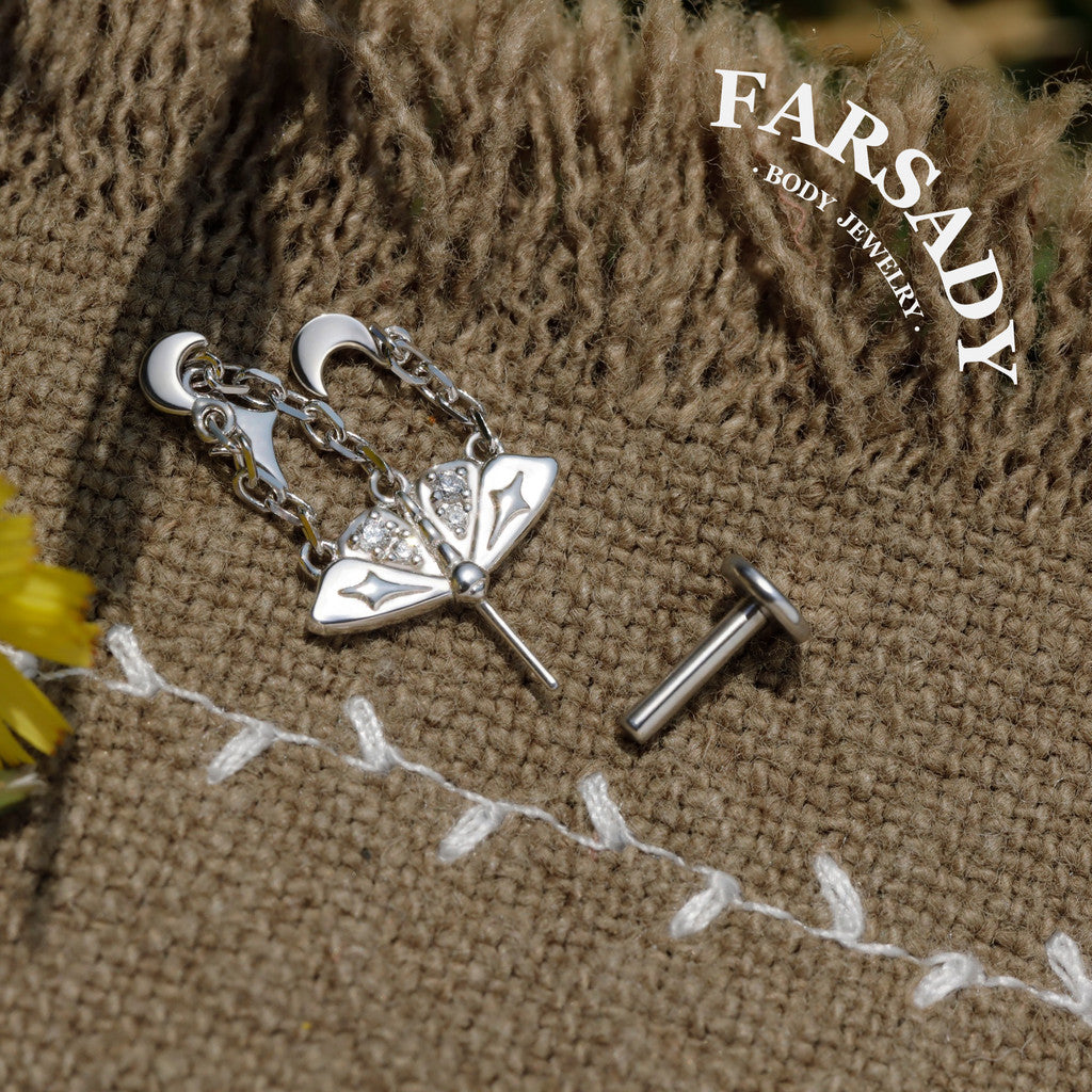 Lunar Moth - 925 Silver Threadless Stud / Fits Vertical Helix Hidden Rook Earring