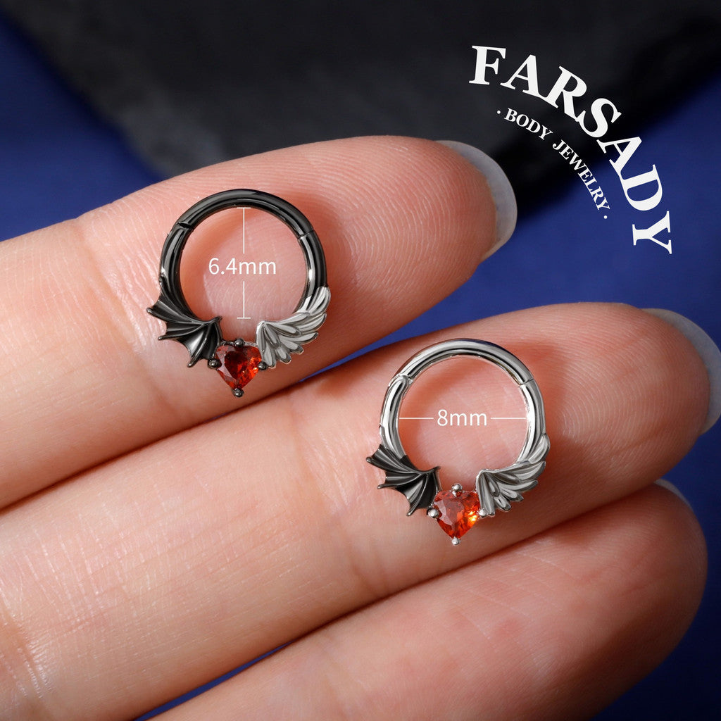 16G Angel Vs Devil Septum Ring S925 Sterling Silver Red CZ Heart Septum Jewelry Hinged Heart Daith Ear Hoop Gothic Helix Piercing Daily Wear Gift for Her