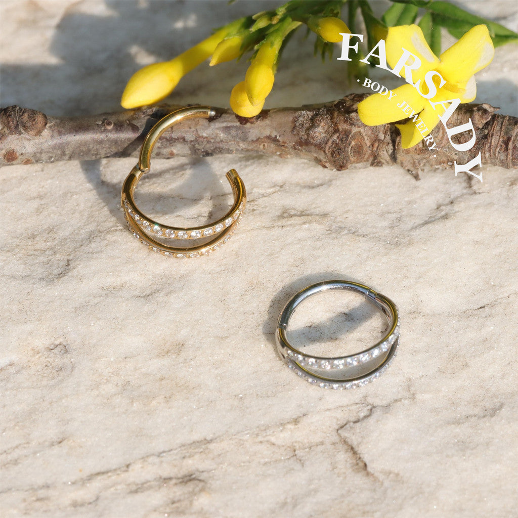 18G Titanium CZ Hinged Conch Earring Nose Hoop | Double Line Shine Nostril Clicker | Stainless Steel Helix Eyebrow Piercing 1.0*8mm/10mm Silvery Golden Cartilage Ear Jewelry