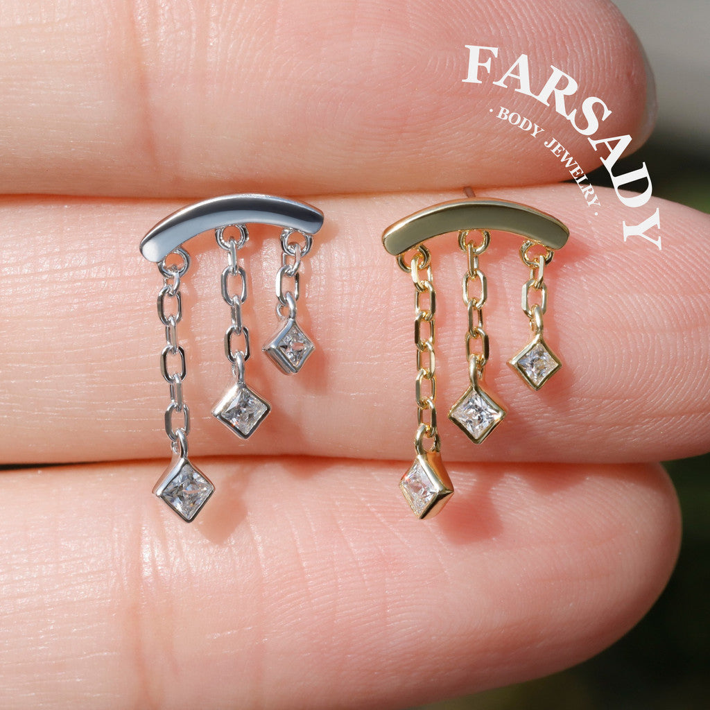 Triple Square CZ Hidden Helix Earring Stud: S925 Silver Floating Helix Piercing Jewelry, Titanium Threadless Post Back, Flat Back Earrings