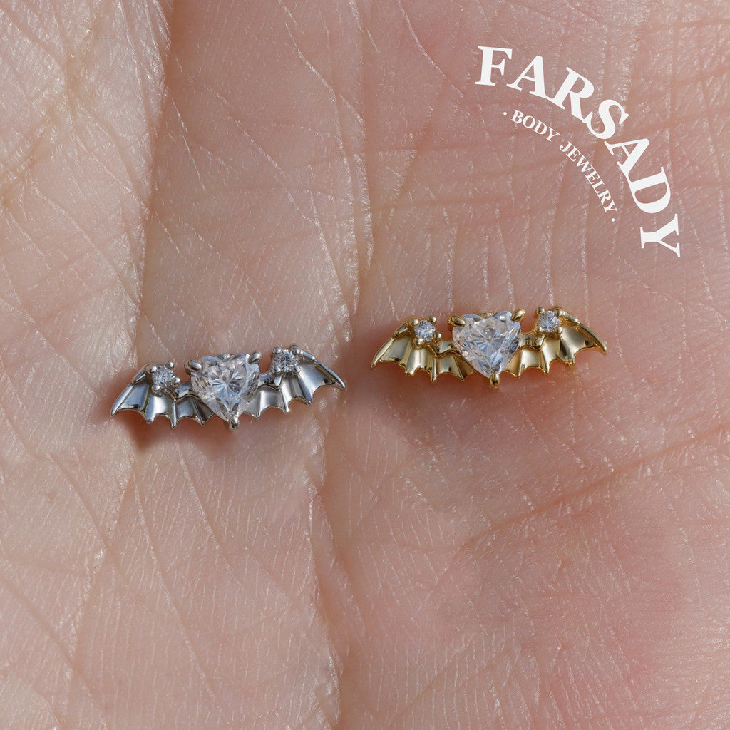 Bat Wing Heart Gem Flat Helix Threadless Stud: Sterling Silver Cartilage Earring, 18K Gold Plated Helix Conch Tragus Lobe Piercing Jewelry