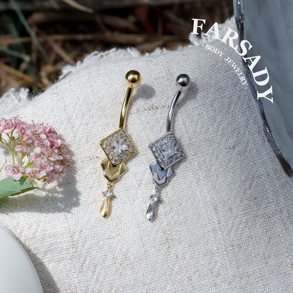 14G Belly Button Ring – 925 Silver 18K Gold Plated| Clear CZ Amulet Belly Ring Dangle Bar| Hypoallergenic Navel Piercing Jewelry| Waterproof