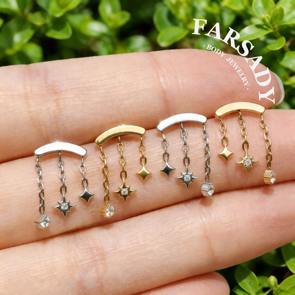 Triple Star Dangle Hidden Helix Threadless Earring, Implant Grade Push-in Stud, Flat Back Floating Helix Piercing Jewelry, 16G/18G/20G