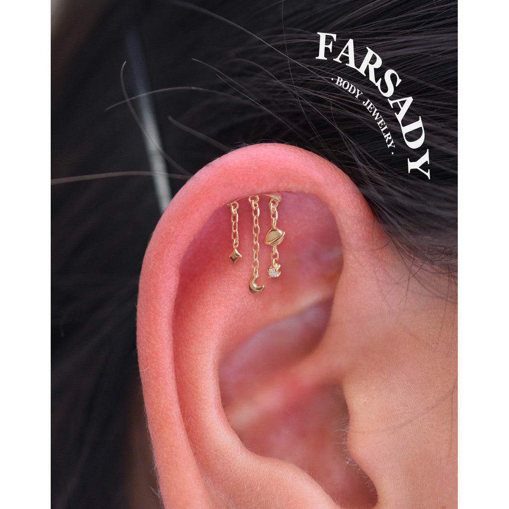 Planet Hidden Helix Chain Earring /Moon Dangle Earring /Helix Push Pin Stud Earring /Threadless Cartilage Helix Earring Stud/Flat Helix Stud