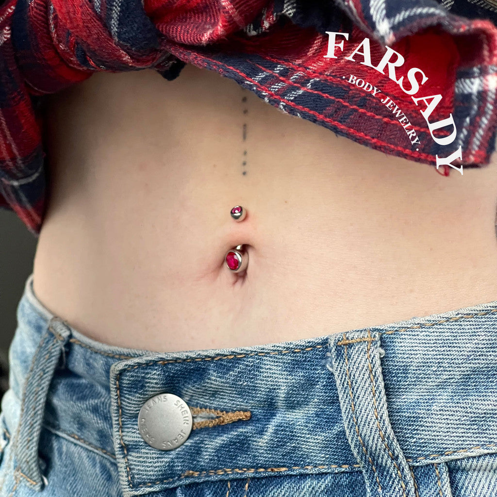 Crimson Twin Gem - 925 Silver Red CZ Belly Button Ring / Fits 14G Navel Piercing