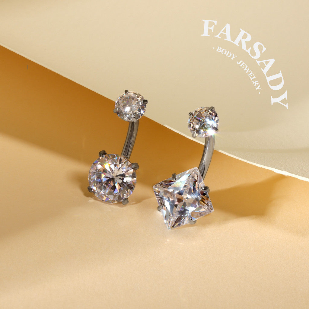Square & Round Twin - F136 Titanium Internally Threaded Belly Button Ring / Fits 14G Navel Piercing