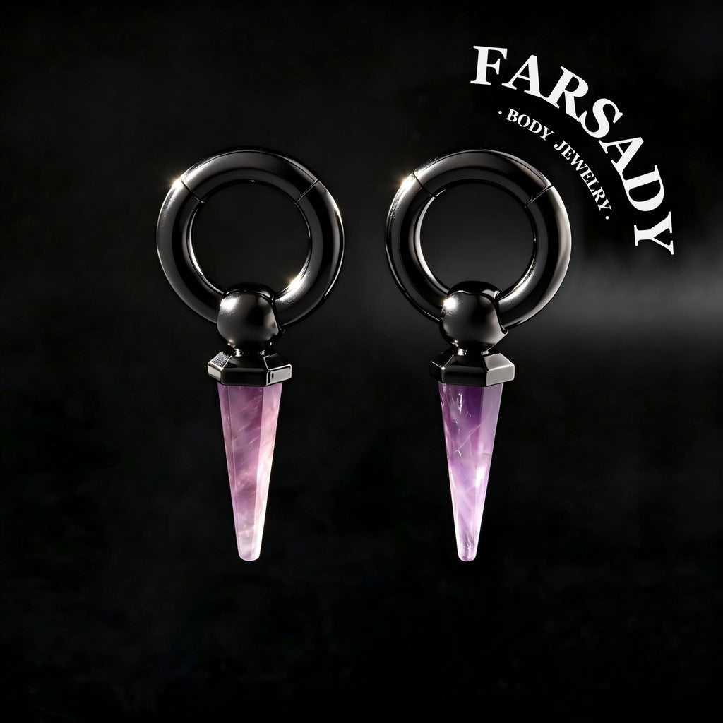 Amethyst Drop - 316L Magnetic Hinged Ear Weights / Fits 4G 2G Stretched Ear Lobes Tunnels Plugs