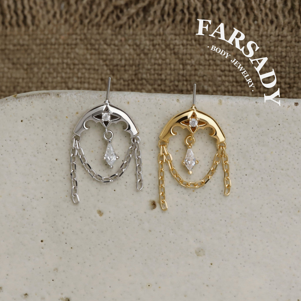 Crescent Tassel - 925 Silver Threadless Stud / Fits Vertical Helix Hidden Rook Earring