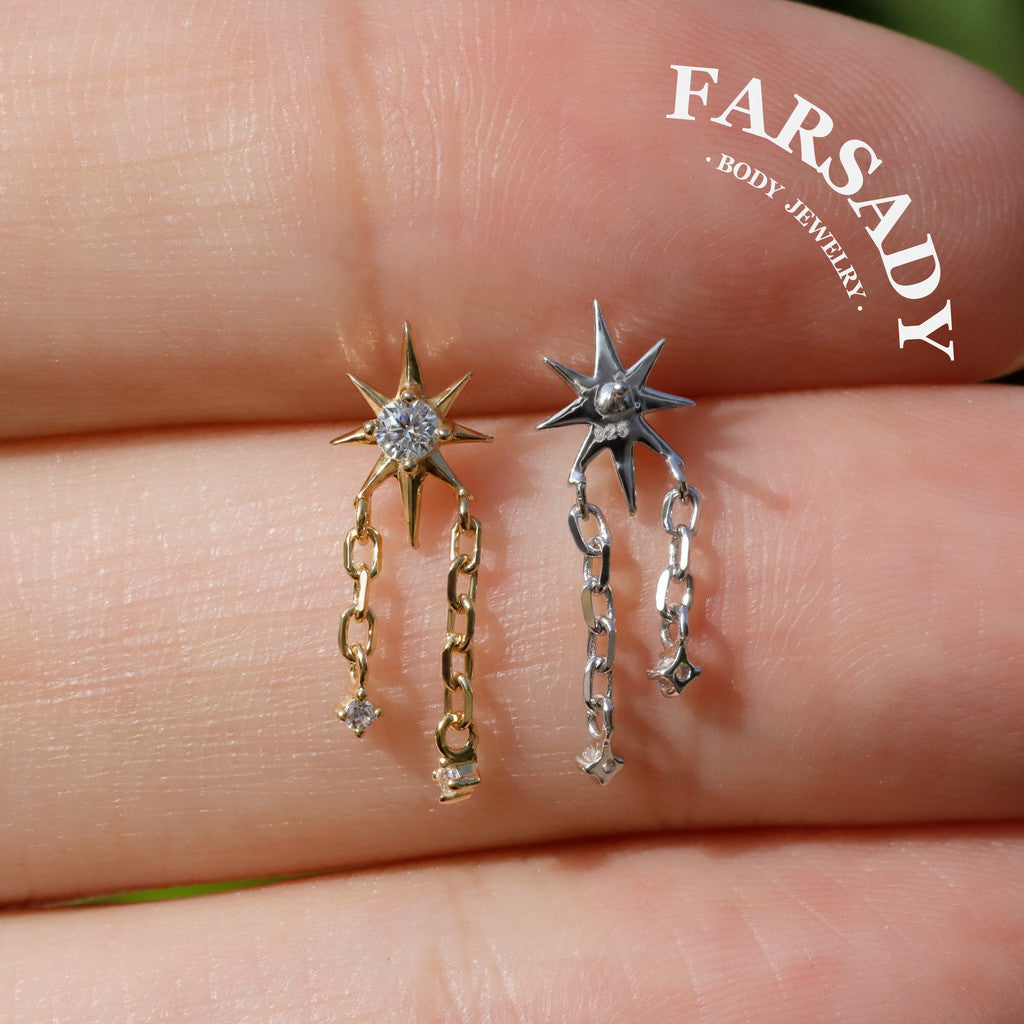 Sterling Silver Star Dangle Helix Earring • Threadless Push In Flat Piercing Jewelry • S925 Tragus Conch Lobe Cartilage Jewelry • Titanium Back