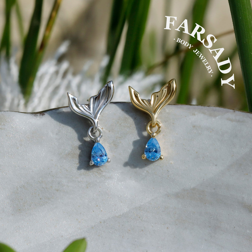 Mermaid Tail Flat Helix Dangle Stud: Blue Gem Tragus Helix Lobe Threadless Push In Cartilage Earring, 925 Silver Plated 18k Gold,Nickle-Free