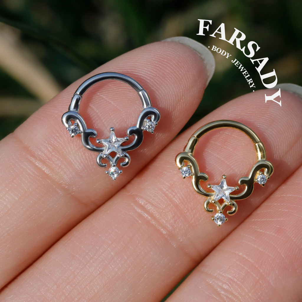 Sterling Silver Star-Shape CZ Septum Ring: S925 Plated 18K Gold, Alt Fashion Daith Earring, Sharp Spike Helix Tragus Conch Hoop Jewelry