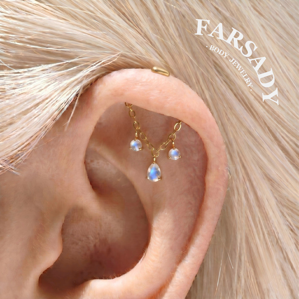 Teardrop Moonstone - 925 Silver Threadless Stud / Fits Vertical Helix Hidden Rook Earring