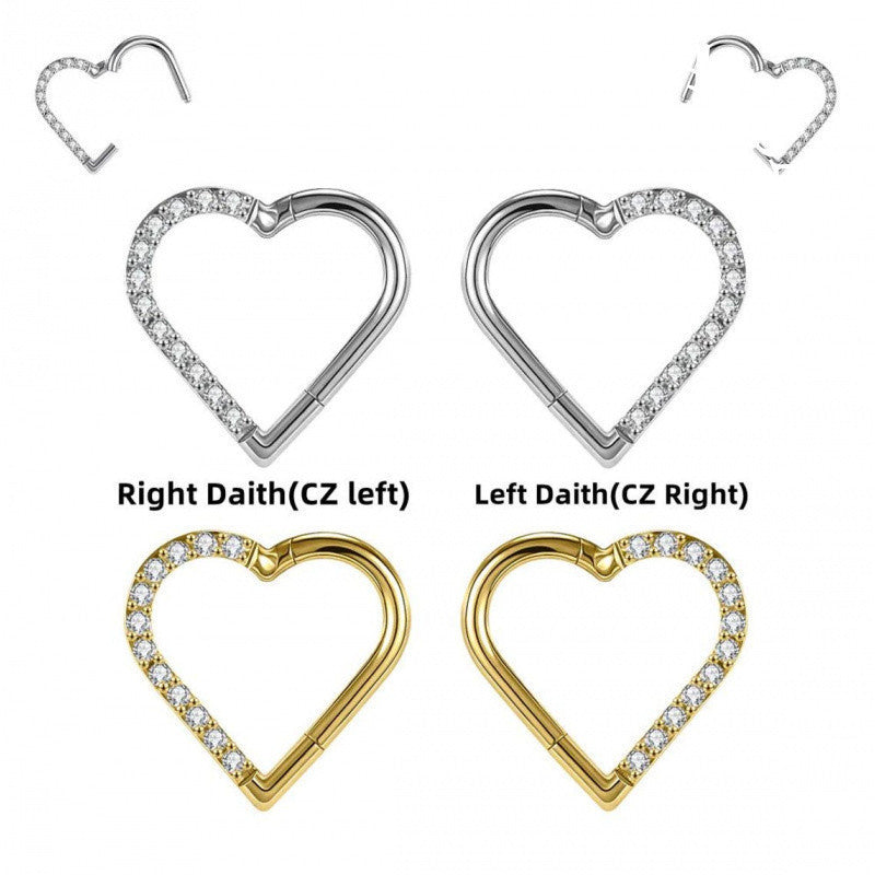 16G Titanium Heart CZ Daith Earring, 8mm Silver Helix Hoop Earring, Gold Cartilage Ring Clicker, Hinged Left Right Ear Piercing