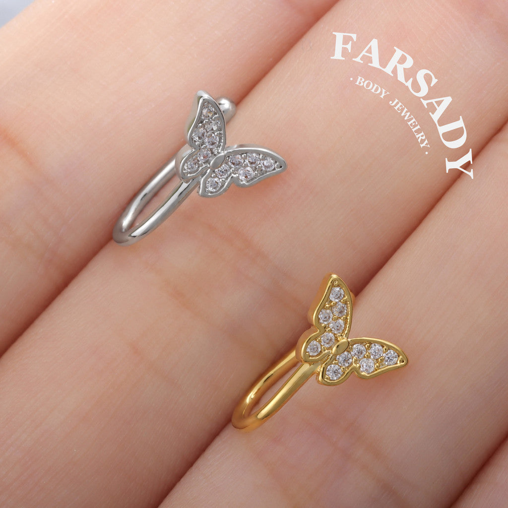 Crystal Winglet Hook - 925 Silver Fake Nose Ring / Fit Non-Pierced Nose Ring