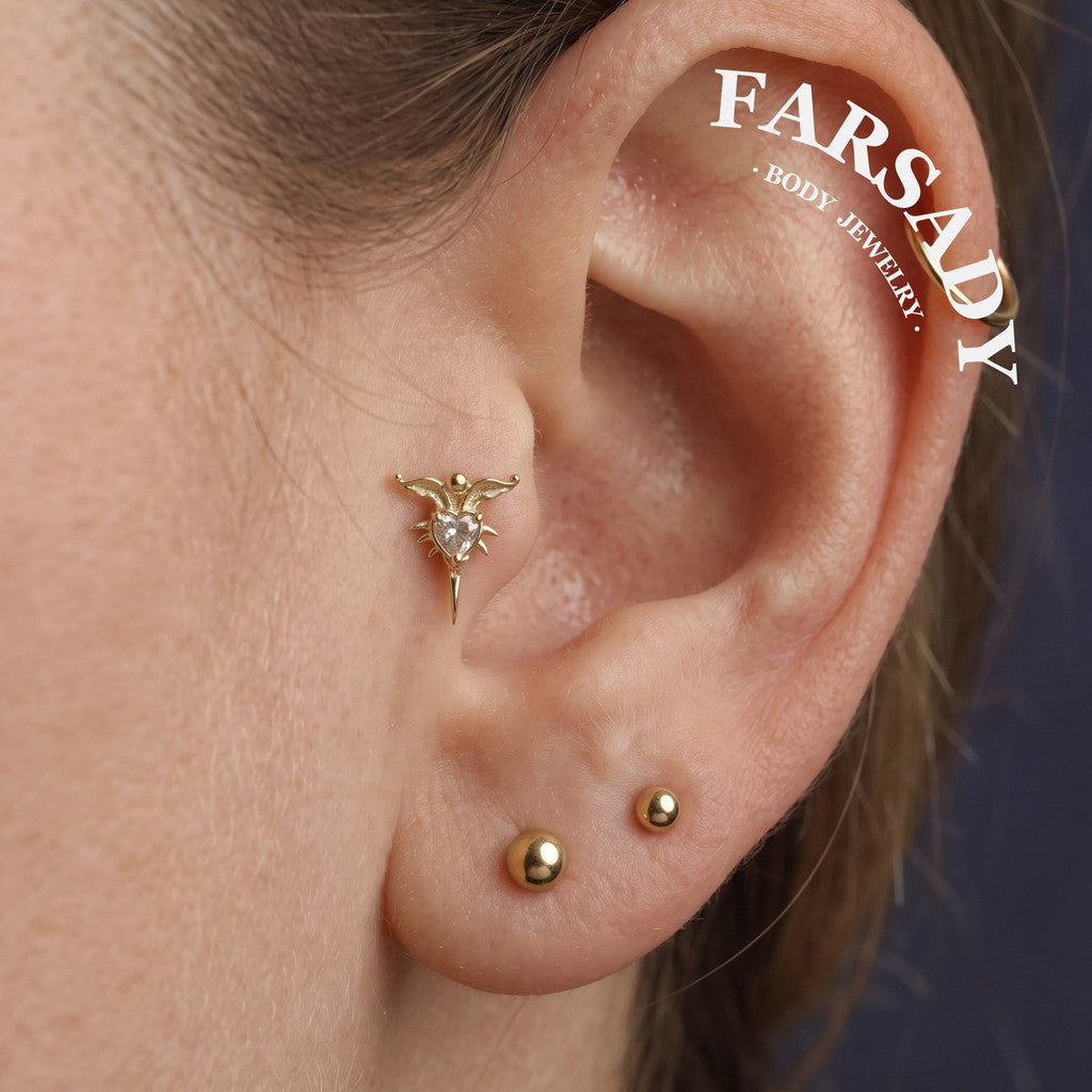 Winged Thorn - 925 Silver Threadless Stud / Fits Cartilage Helix Tragus Lobe Nostril Piercing