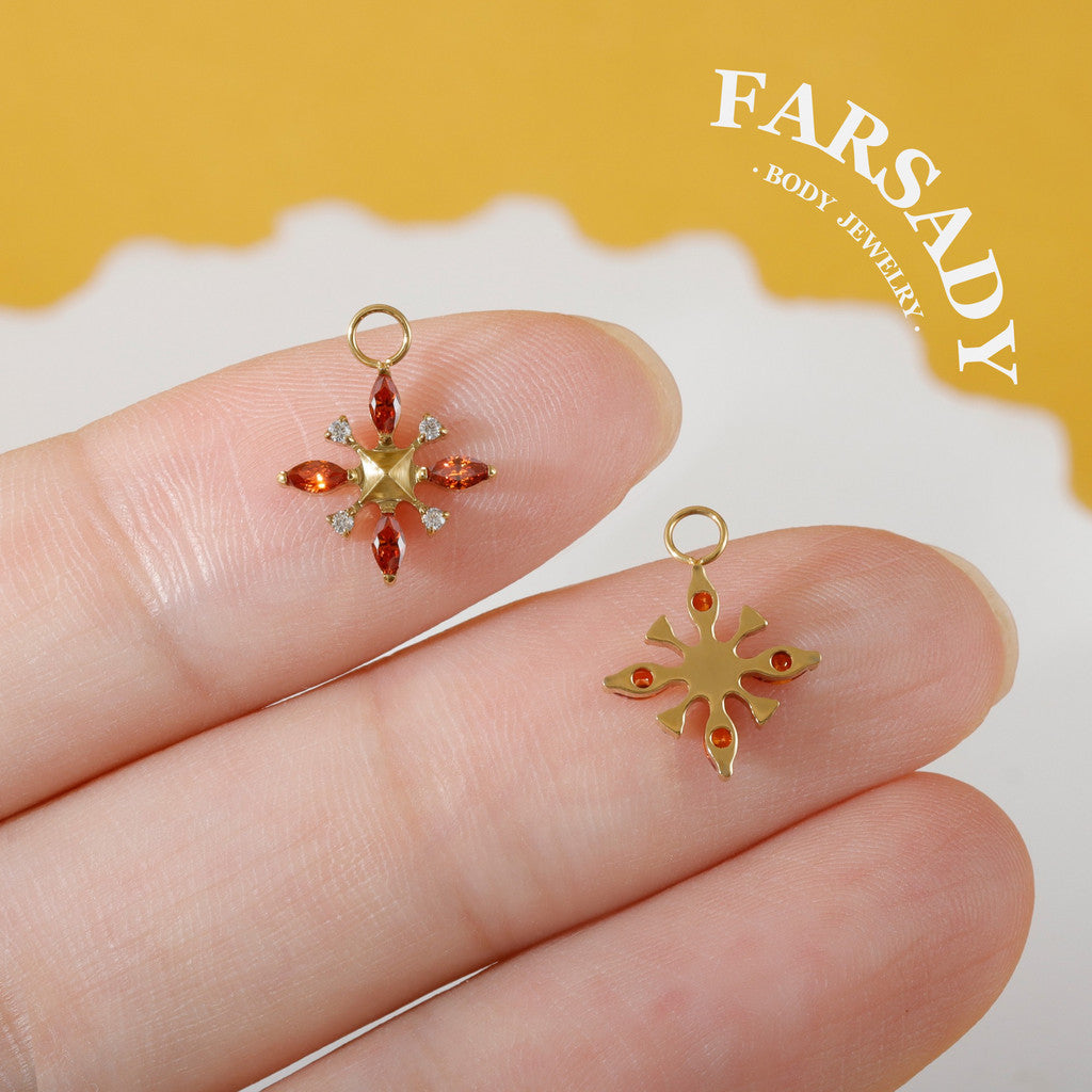 Amber Compass Star - F136 Titanium Red CZ Dangle Charm / Interchangeable Hoop Earring Pendant for Helix Daith Cartilage Piercing