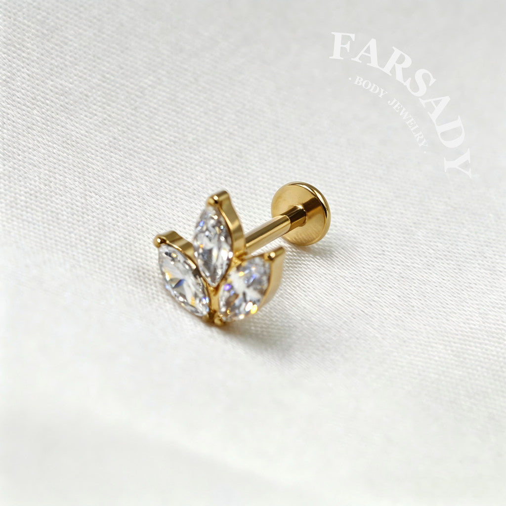 Three Marquise Leaf - F136 Titanium Internally Threaded Stud / Fits Cartilage Helix Tragus Lobe Nostril Piercing