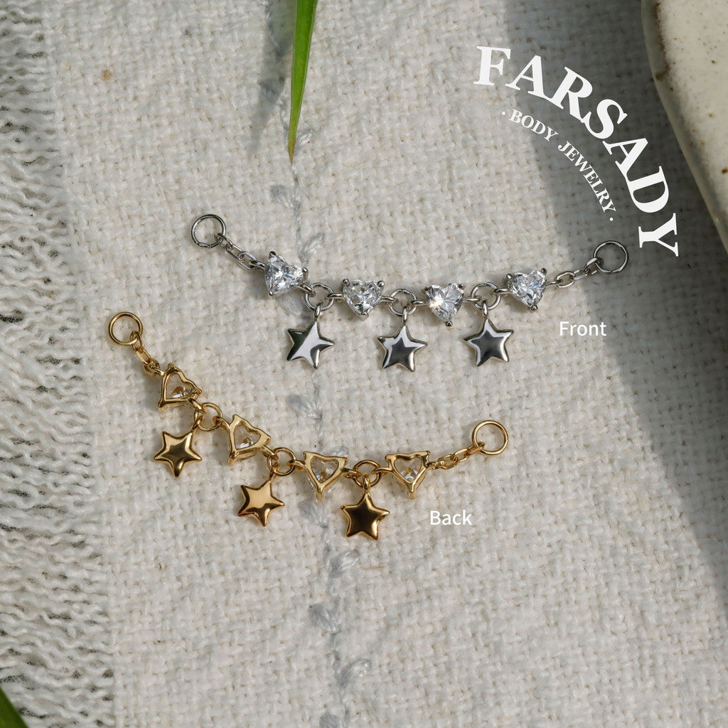 No Rules Star&Heart Chain Charm: Sterling Silver Helix Industril Conch Cartilage Wrap Chain, Dangle Nose Piercing DIY Chain Gold, 25mm 35mm