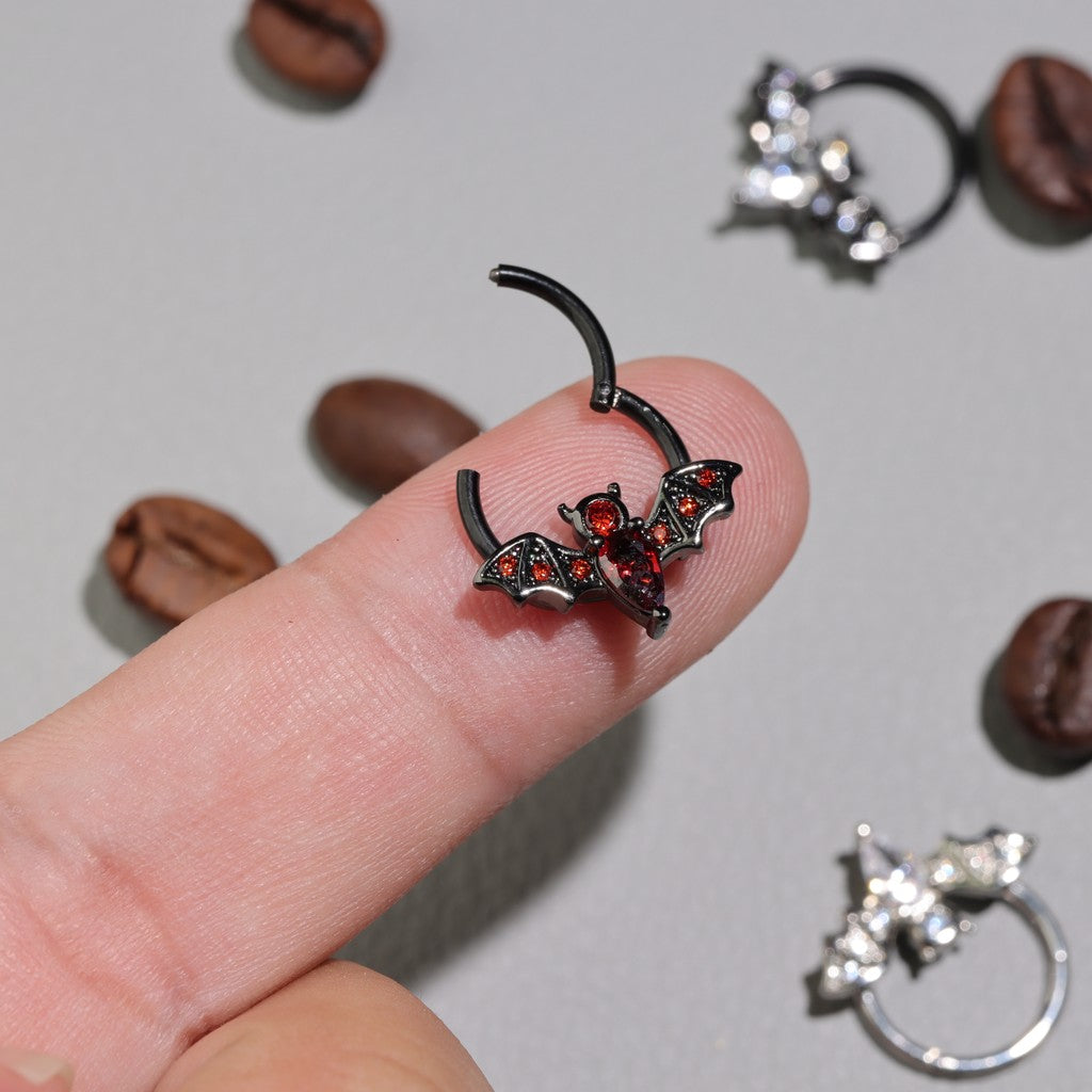Night Bat - CZ Hinged Clicker Hoop / Fits 16G Septum Ring Helix Conch Cartilage Earring