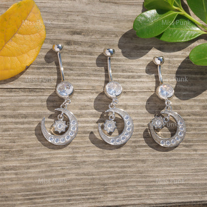 14G Sterling Silver Moon Dangle CZ Belly Button Ring| Waterproof Belly Bar| Never Getting Green Belly Piercing| Fresh Piercing Navel Jewelry Miss Vivi Jewelry