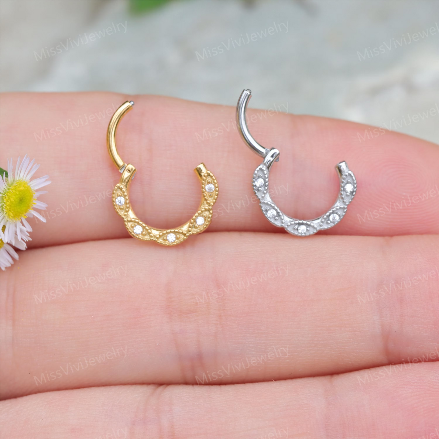 16G 316L Steel Flower Hinged Septum Nose Ring, Septum Clicker Silver, Septum Piercing Gold, Daith Hinged Hoop, Gift 1.2*8/10mm Silver Gold Miss Vivi Jewelry