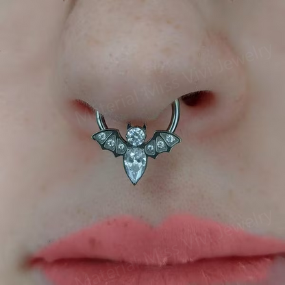 16G ASTM F136 Titanium CZ Bat Hinged Septum Ring/ Titanium Bat Septum 10mm/ Septum Hoop Silver/ Daith Clicker Hoop/ Daith Jewelry/ Halloween Miss Vivi Jewelry