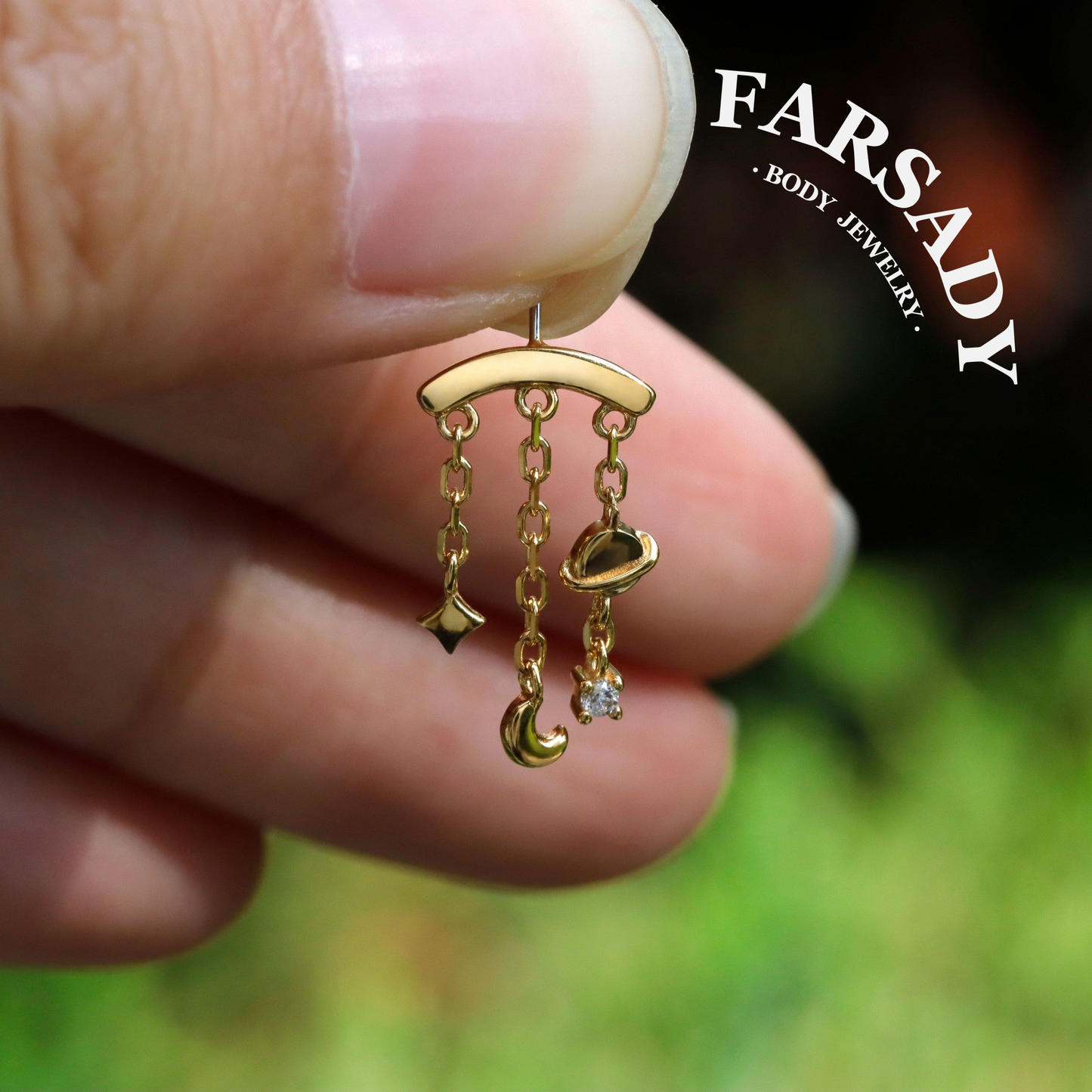 Designed for vertical helix piercing/925 Silver Helix Chain Earring 18K Plated/Star Moon Planet Earring/ Threadless Push In Hidden Rook Stud