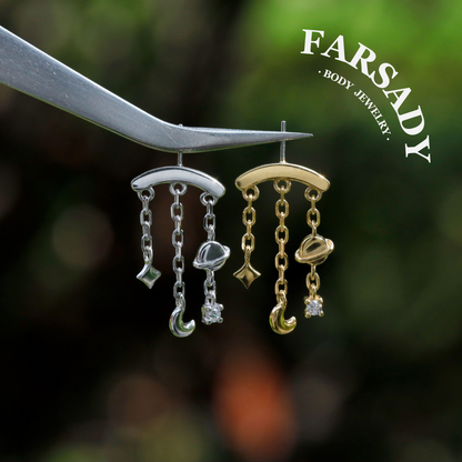 Designed for vertical helix piercing/925 Silver Helix Chain Earring 18K Plated/Star Moon Planet Earring/ Threadless Push In Hidden Rook Stud